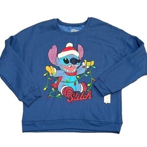 DISNEYS Stitch Holiday Lights Blue Pullover Sweatshirt Juniors (Sz XL)